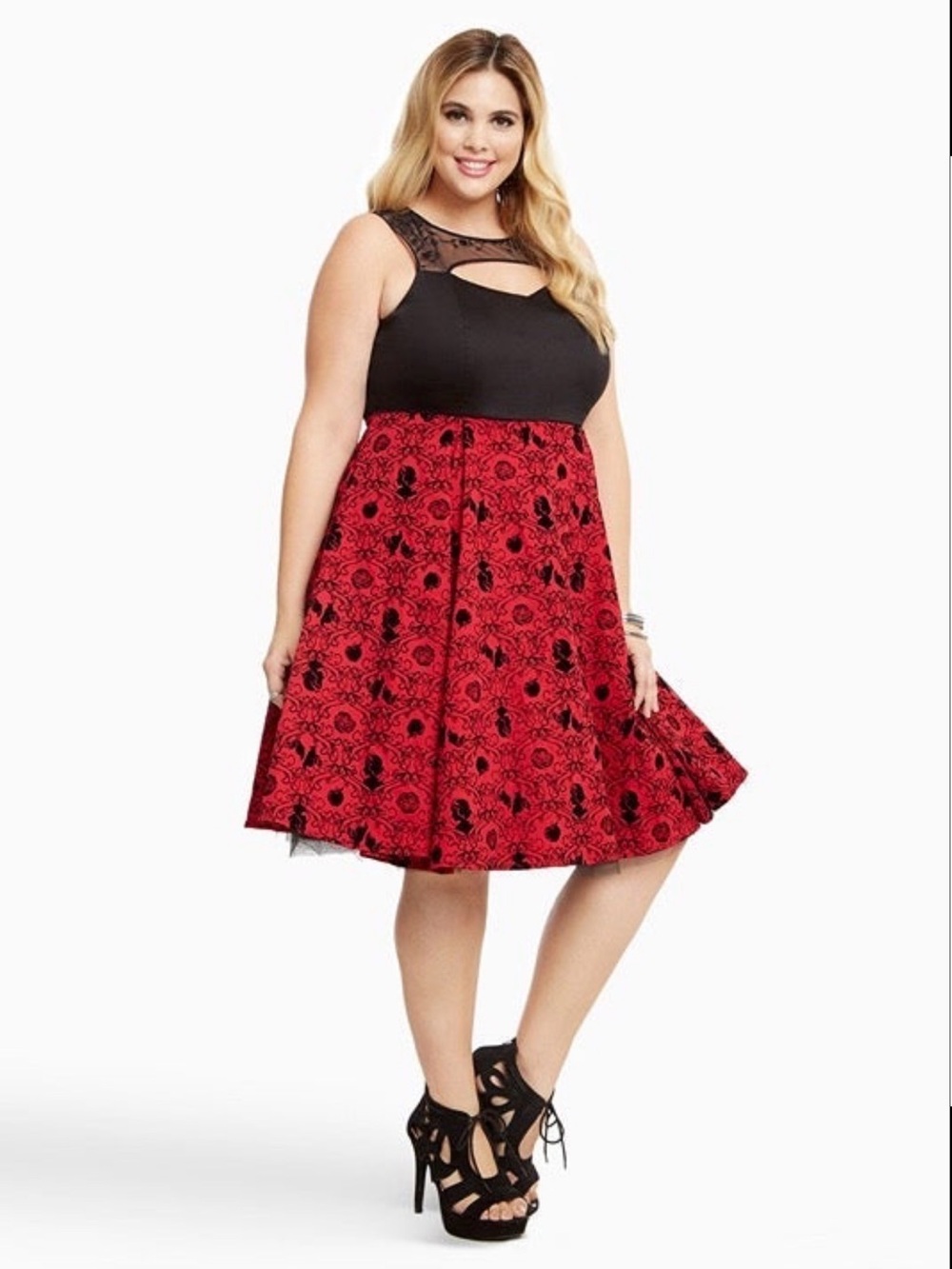 torrid Black & Red Floral Fit-and-Flare Midi Dress
